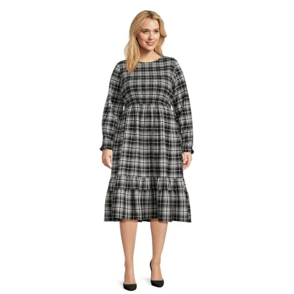 Terra & Sky Women's Plus Size 1X, 3X, 4X Tiered Peasant Midi Dress Plaid Black - Picture 9 of 9